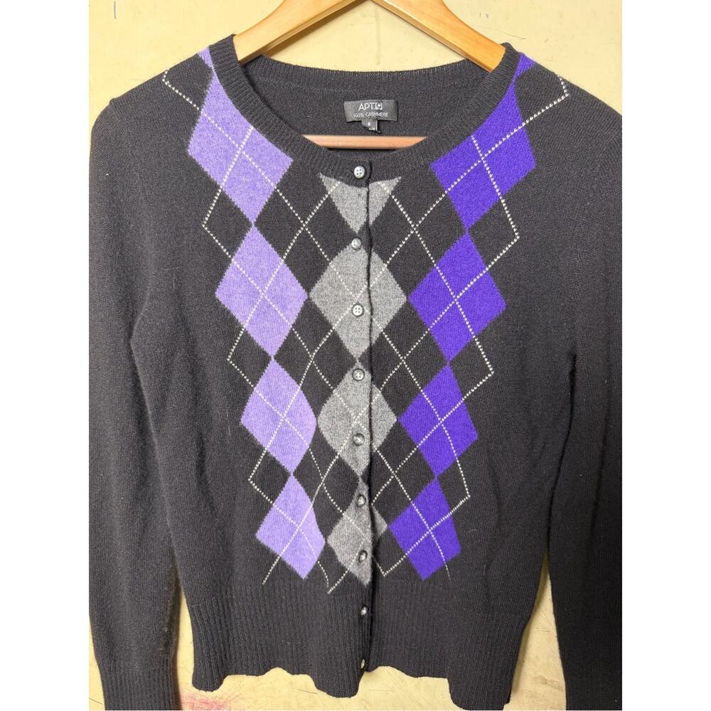 APT. 9 100% Cashmere Argyle Cardigan Black Purple Preppy Y2K Small - Picture 3 of 5